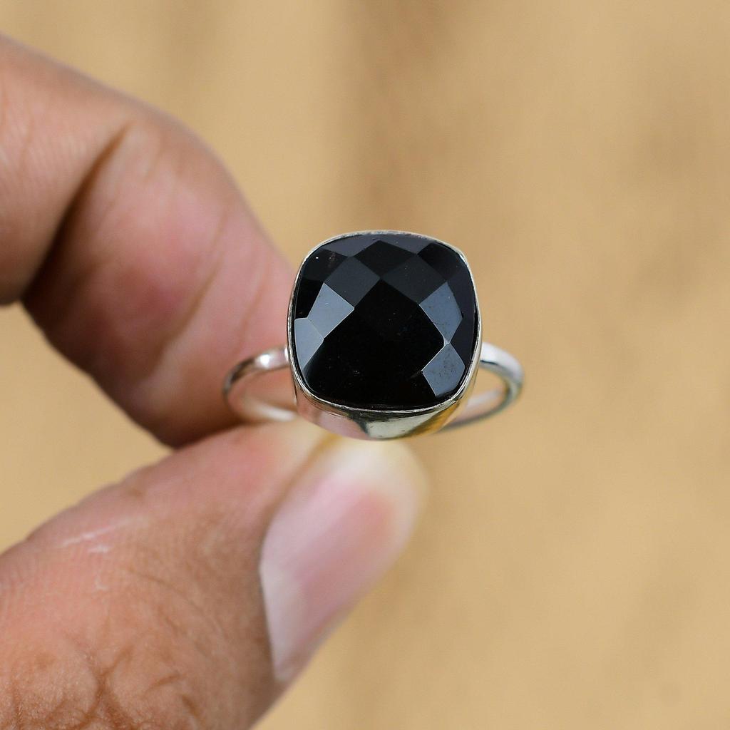 Cushion Black Onyx Stone 925 Sterling Silver Promise Coffin Ring Jewelry Size 8