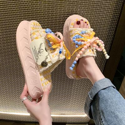 Модные 6 см милые кавайные модные граффити тапочки женские толстые подошвы рельефная холщовая линия перетаскивание для модных женских кексов внешняя одежда