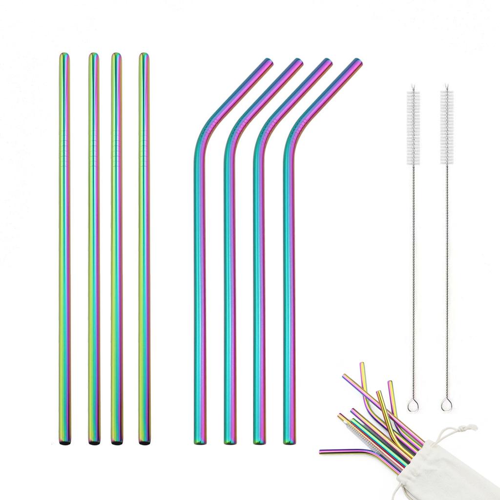 Набор трубочек для питья из нержавеющей стали цвета радуги, многоразовые металлические соломинки, соломинки для пузырькового чая, сока с чистящей щеткой