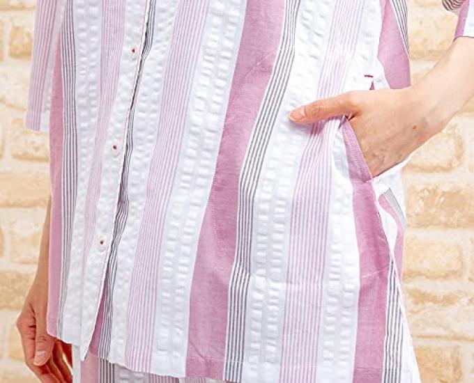 Smooth and Cool Soccer Open Summer Hospital 11504 [K's Eye] Women's Pajamas, 100% Skin-friendly Cotton, Stripes, 3/4 Sleeves, 8/4 Pants, Front,