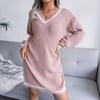 Women Fall Winter V Neck Long Sleeve Solid Color Sweater All Match Knit Dresses S-L