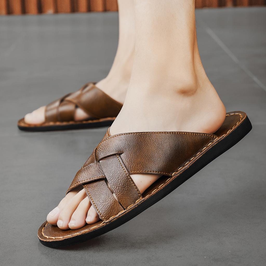 Summer Men High Quality Comfortable Non Slip Leather Slippers Casual Simple Open Toe Mules Sandals for Outdoor Walking Beach Home Daily Use