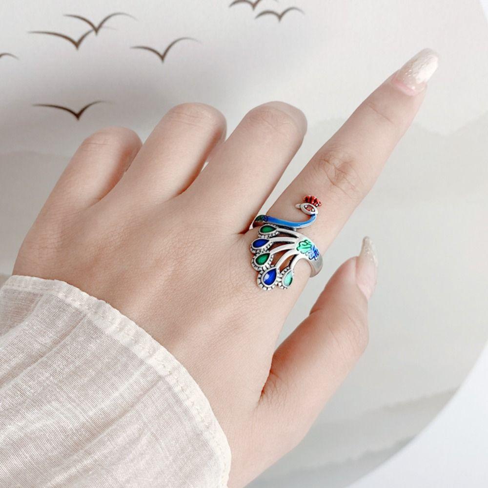 Zinc Zinc Alloy Women Finger Rings Peacock Enamel Retro Ring Personality Open Rings Girls