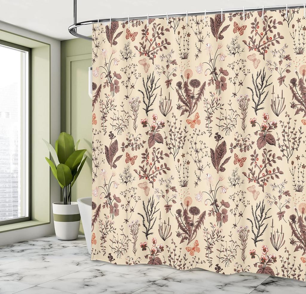 Floral Shower Curtain, Vintage Garden Plants Herbs Flowers Botanical Classic Design Illustration, Cloth Fabric Bathroo