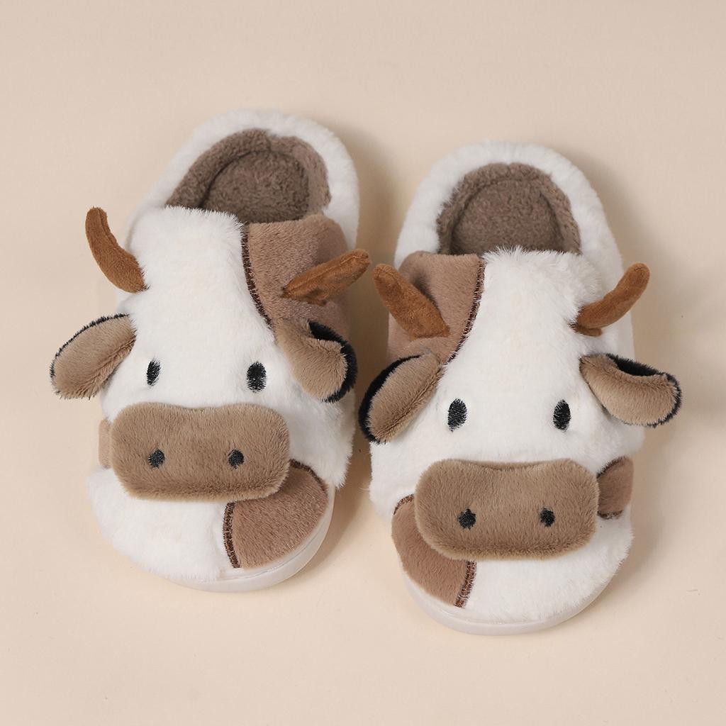 Fashion Shevalues Cute Plush Cotton Slippers For Women Winter Warm Cozy Furry Milk Cow Slides Indoor Non-slip Soft Fluffy House Slippers