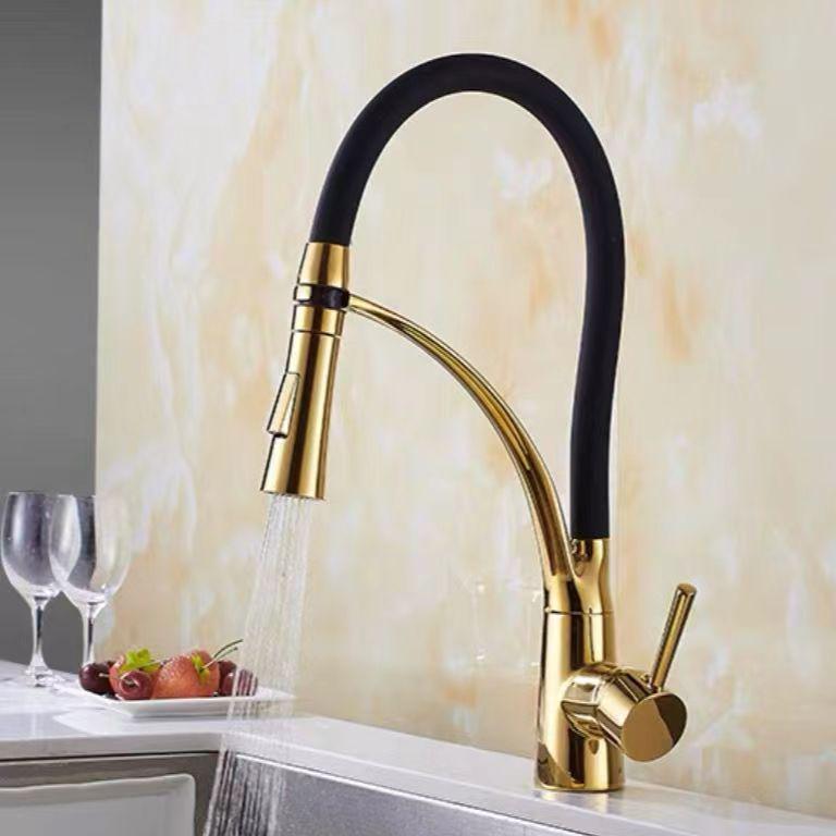 Вращающийся полностью медный выдвижной кухонный смеситель для горячей и холодной воды