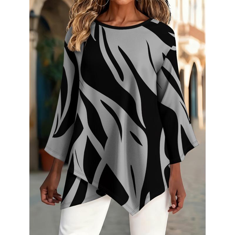 Leopard Print 3/4 Sleeve Irregular Hem Women Tunic Top