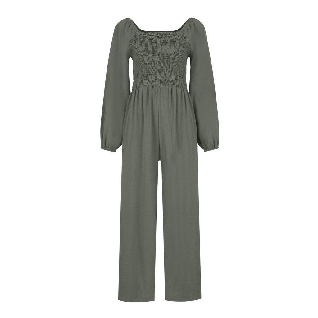 Women's Casual Solid Color Elastic Waistband Raglan Sleeves Draped Wide Leg Jumpsuit