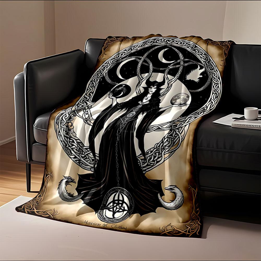 A dark goddess figure with moon phases, celestial symbols, and knotwork. for all seasons blanket lunch break throw gift