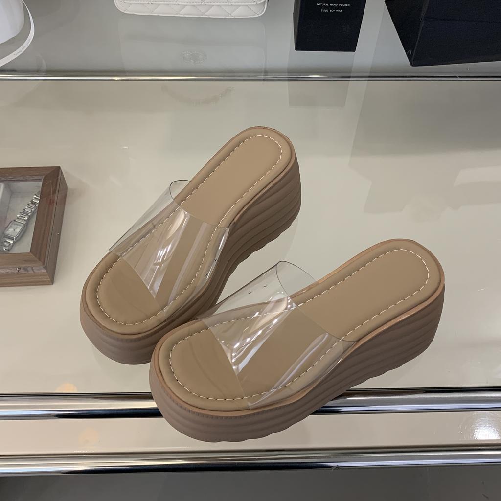 Летние сексуальные высокие каблуки модные водонепроницаемые прозрачные удобные тапочки на толстой танкетке для женщин