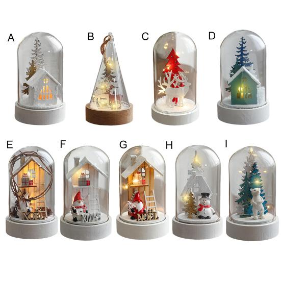 Christmas Figures In Glass Dome Tabletop Decoration LED Light Up Christmas Cloche Ornaments for Indoor Home Tabletop Decor