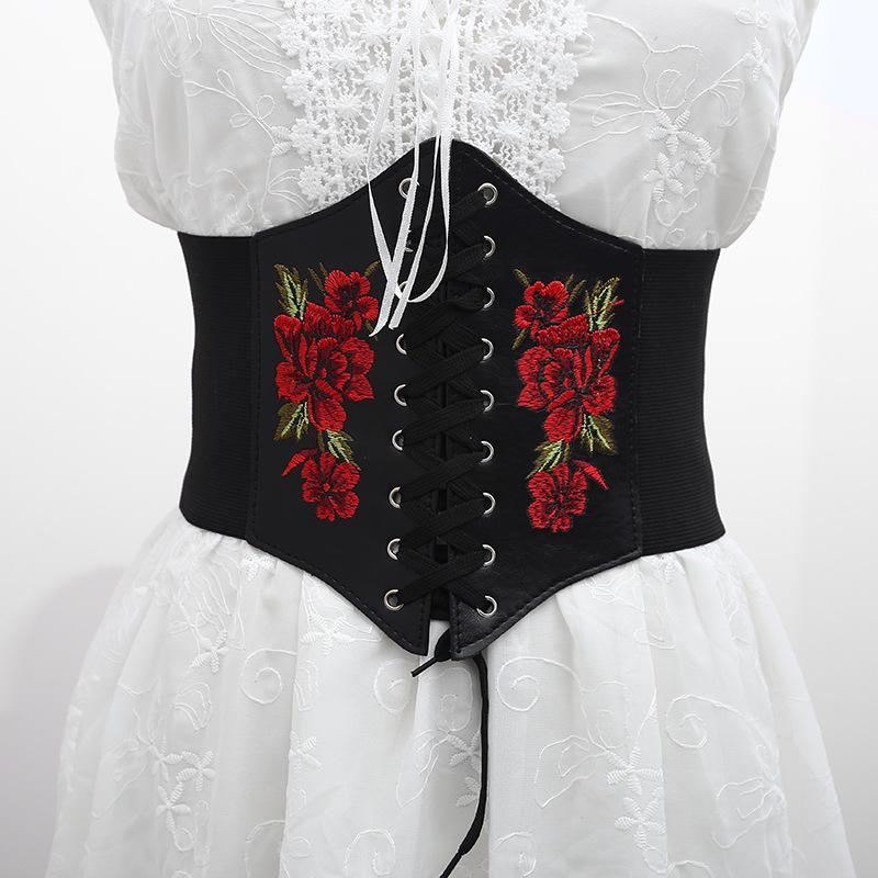 New Women's Extra Wide Corset-Style Embroidered Waist Belt with Bow Tie Chain