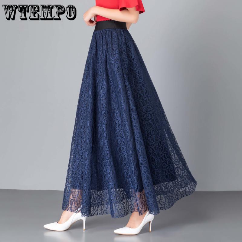 Женская весенняя элегантная кружевная эластичная полуюбка с высокой талией, темпераментная универсальная однотонная длинная юбка трапециевидной формы с большим подолом