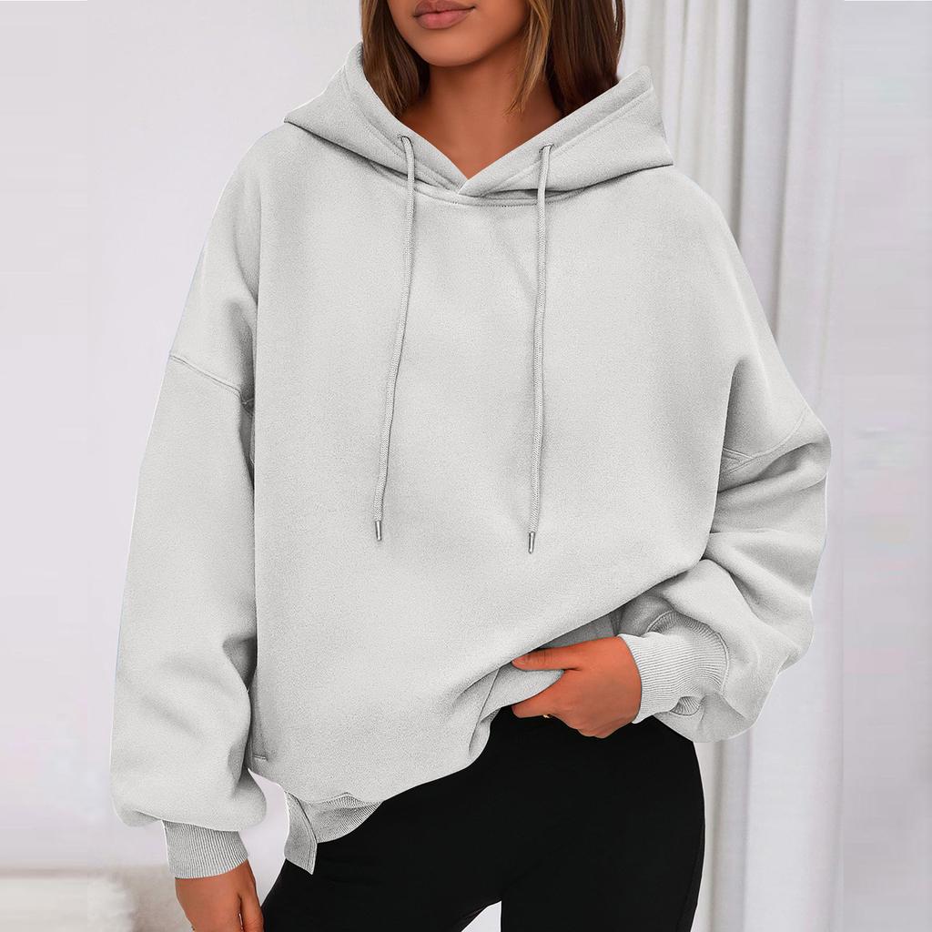 Ladies' Fashionable Solid Color Casual Hooded Pocket Long Sleeved Sweatshirt
