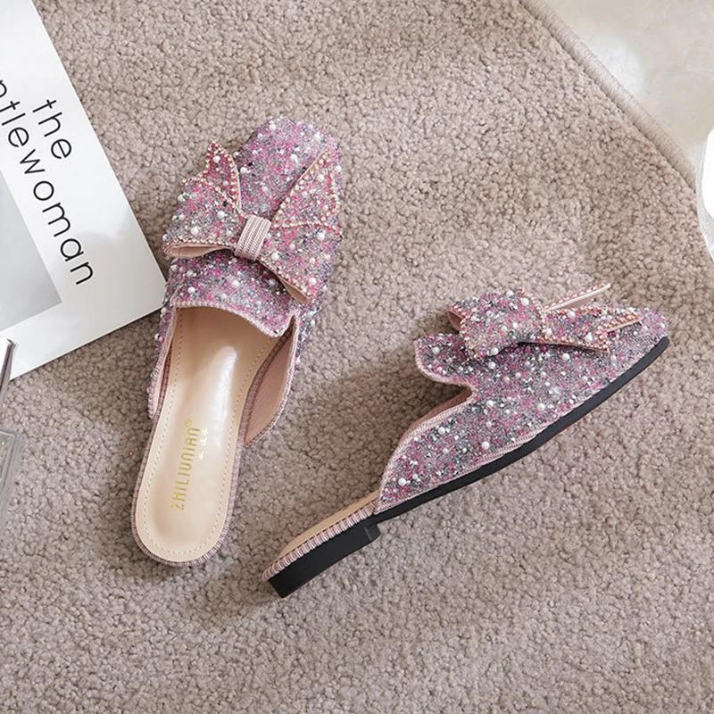 Тапочки Baotou для женщин с квадратным носком, блестками и бусинами, мюли, женская обувь, модные шлепанцы с жемчугом и блестками, большие размеры 34-43