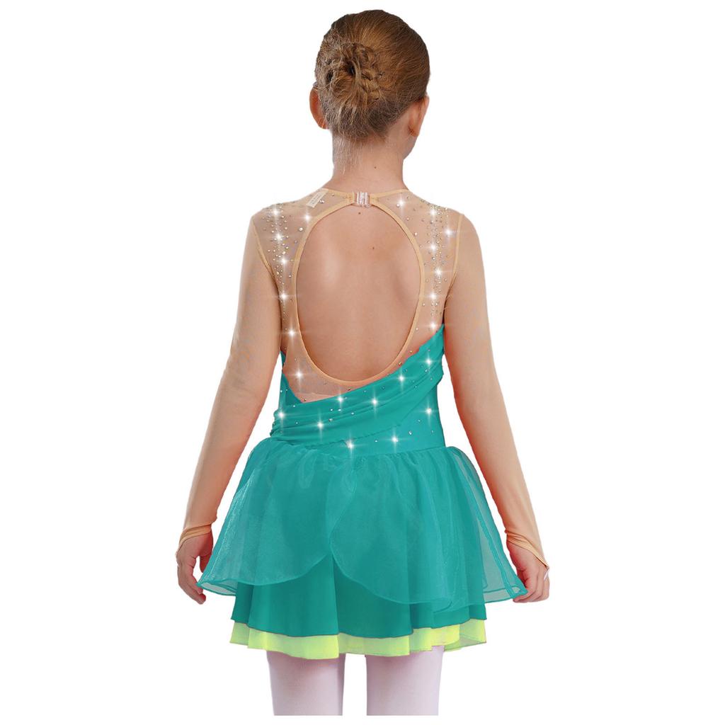 Платье для фигурного катания для девочек, блестящие стразы, прозрачная сетка, длинные рукава, вырез на спине, лирическое платье для выступления