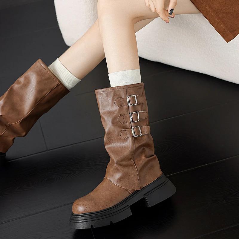 Women's Thick Sole Knight Boots Square Heel Round Head Platform Shoes Turned-over Edge Middle Tube Botas De Invierno Para Mujer