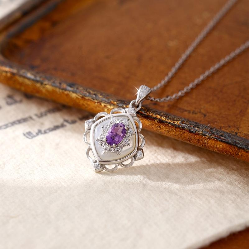 Niche S925 Sterling Silver Necklace Natural Crystal Shell Pendant Topaz Peridot Garnet Clavicle Chain