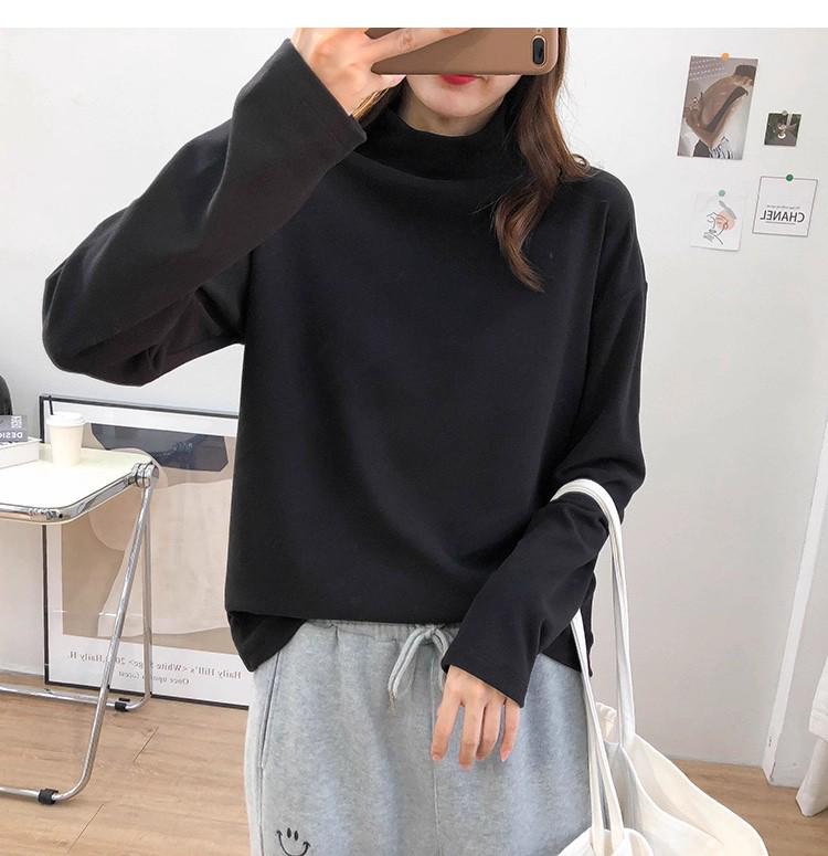 Women's Fashion Semi-High Neck Mid-Length Loose Long Sleeve Top - Autumn Base Layer T-Shirt