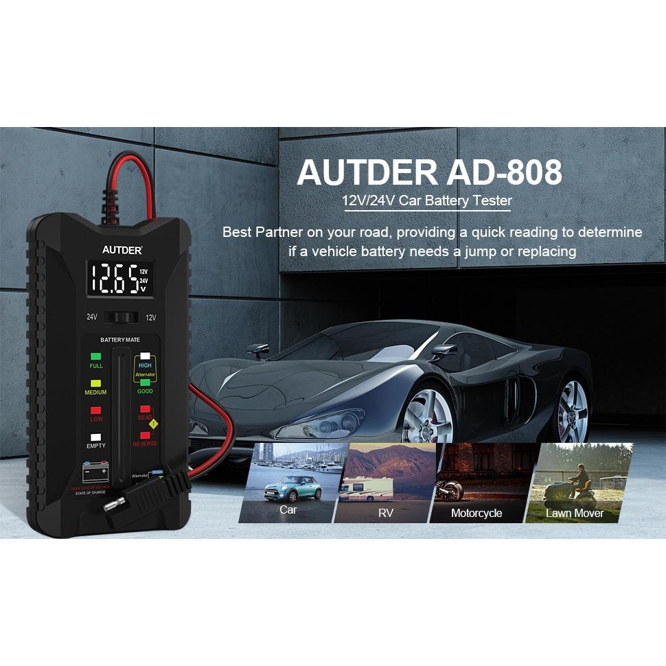 Цифровой тестер аккумуляторов, вольтметр, анализатор системы зарядки генератора переменного тока с ЖК-дисплеем, светодиодным дисплеем, зажимами, кабелем и кабелем прикуривателя