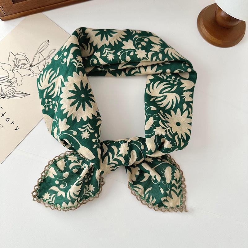70% Cotton Linen Small Square Silk Scarf - Korean Style Floral Design for Versatile Neckwear and Decorative Use