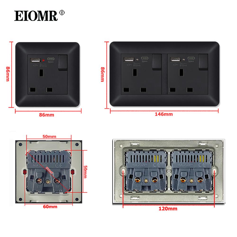 EIOMR 13A UK Standard Plug Power Wall Socket and Switch 250V, with USB Type-C Charger Port 5V 2.1A, Black PC Curved Frame Panel