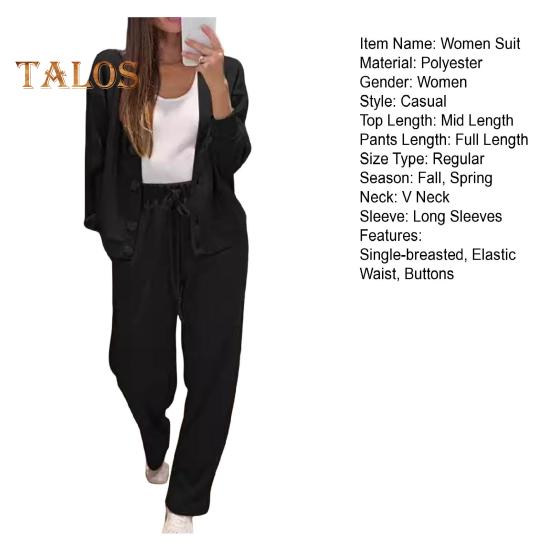 2 Pcs/Set Women Shirt Pants Set V Neck Single-breasted Long Sleeves Knitted Loose Top Drawstring Elastic Waist Wide Leg Trousers Sport Tracksuit