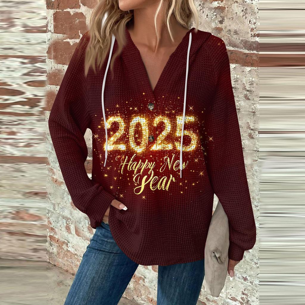 Женская мода с длинным рукавом, завязками на шнурке, капюшоном, пуговицами, V-образным вырезом, повседневная толстовка с капюшоном и рождественским принтом