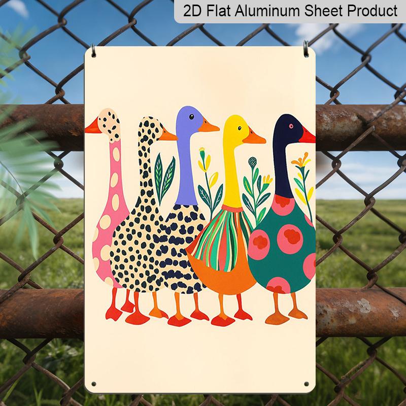 2D Flat 8×12 Inch Colorful Abstract Patterned Ducks Metal Sign - Whimsical Folk Art Style Wall Decor, Aluminum Hanging for Nursery, Living Room or