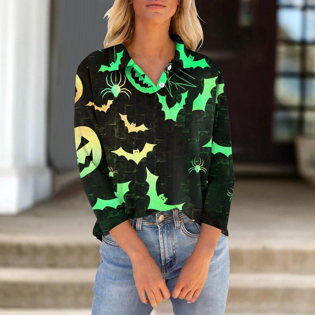 Women's Seven Quarter Sleeved T-shirt V-neck Button Up Shirt With Printed Loose Top For Halloween