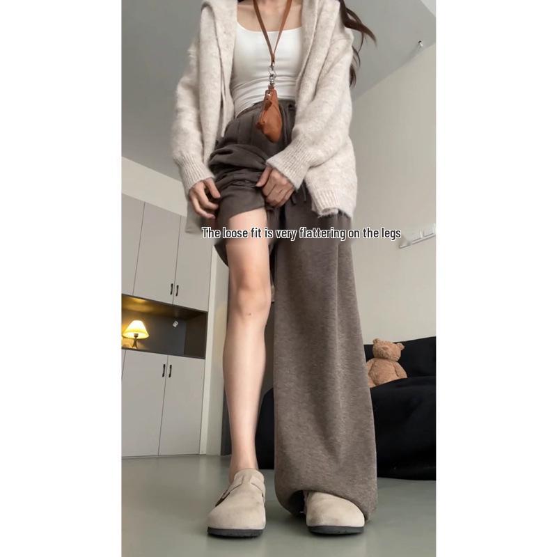 Женские брюки большого размера кофейно-коричневые с широкими штанинами и текстурой липкого риса - Весенне-осенние повседневные длинные брюки свободного кроя