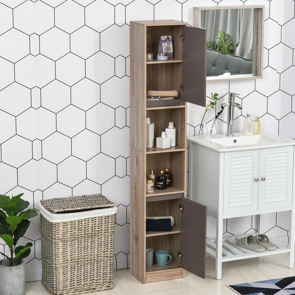Cozy style bathroom storage column unit, 30 x 24 x 170 cm, 2 doors, shelf, 2 niches, light oak grey