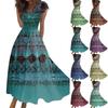 Женское длинное платье Макси-платье Повседневное платье Летнее повседневное платье с короткими рукавами и v-образным вырезом в стиле бохо с талией и принтом