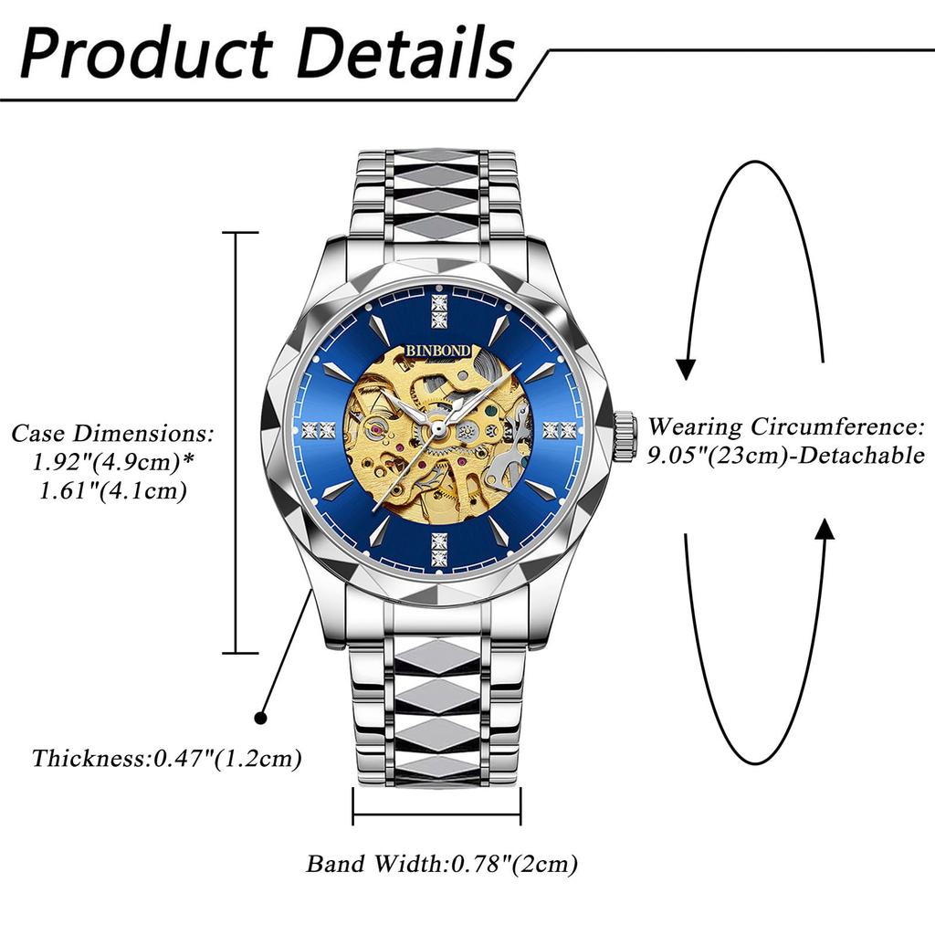 Automatic Skeleton 3ATM Waterproof Luminous Analog Stainless Steel Simple Stylish Casual Business Fashion Accessories Birthday Anniversary Christmas