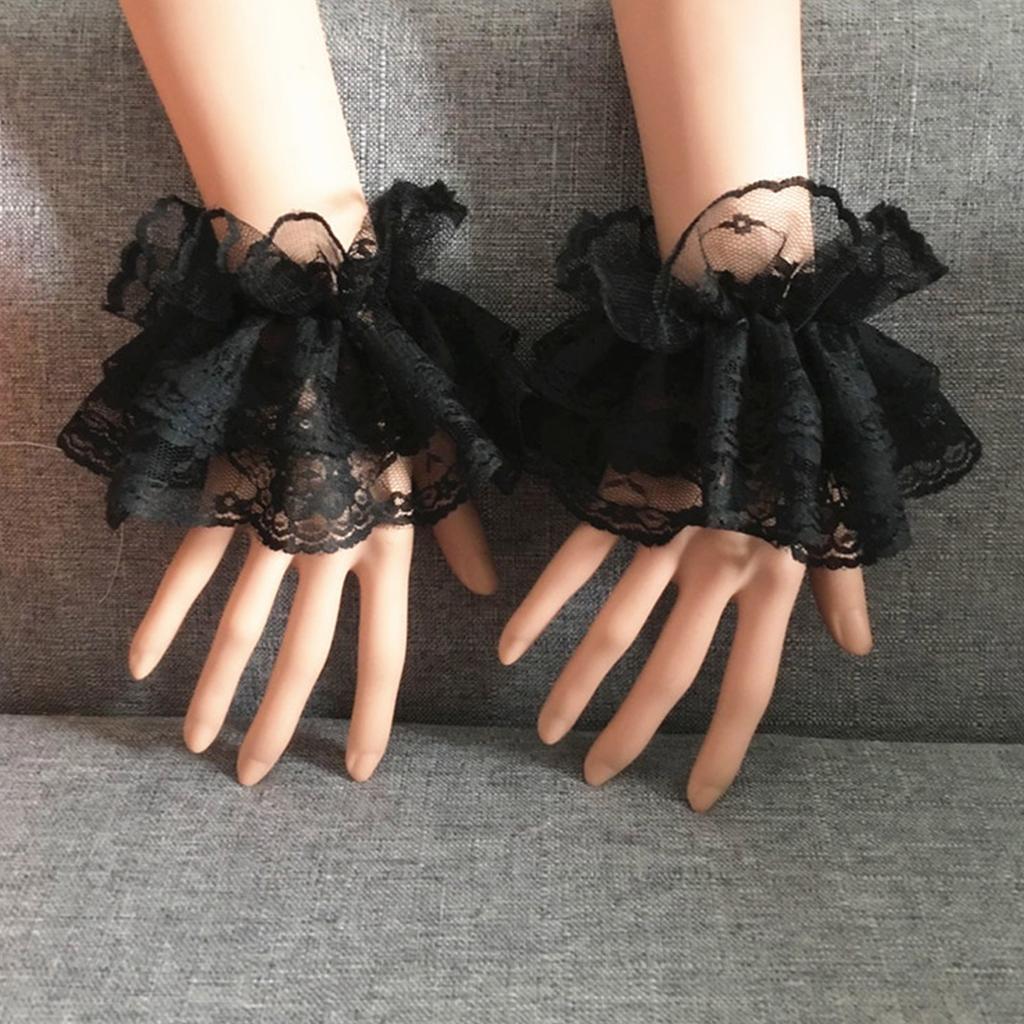 Cosplay Maid Pleated Flared Wrist Cuffs with Lace Flower Pattern Decors Detachable Wrist Woman Clothing Accessory