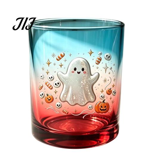 Cute Ghost Drinking Glasses Halloween Glass Cup, Colorful Gradient Aesthetic Tumbler with Whiskey Juice Soda Pumpkin Skull Print, Spooky Party
