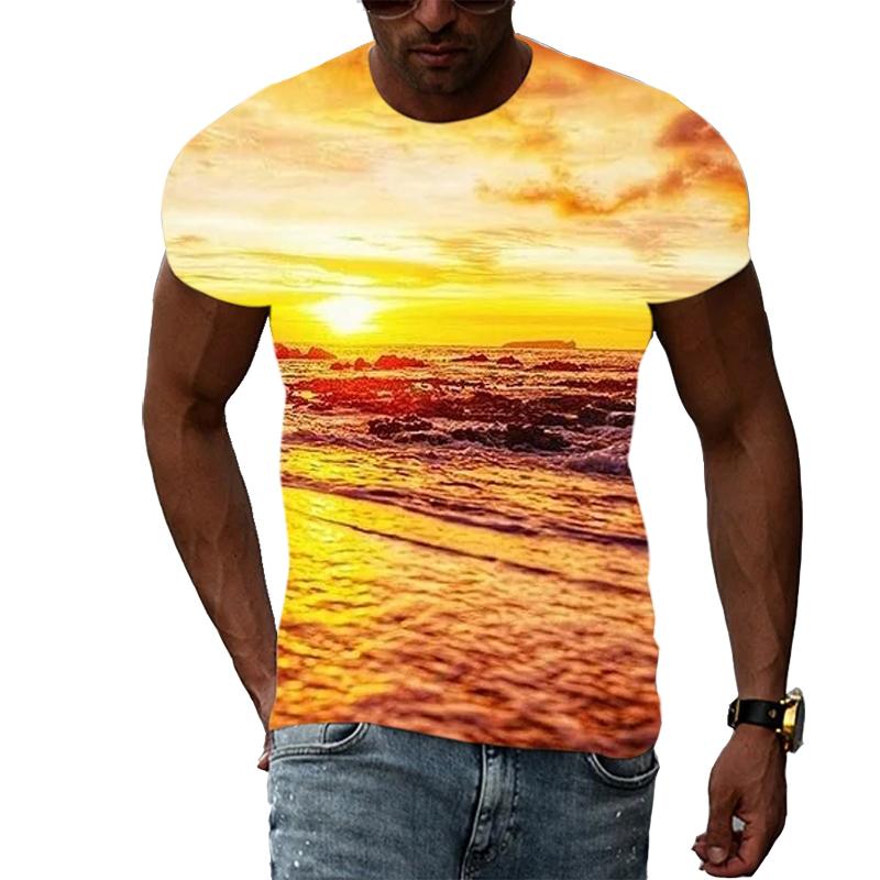 Летние удобные мужские футболки с принтом природного пейзажа, модные футболки с графическим принтом пейзажа, футболки с коротким рукавом и рисунком пляжа и моря, топы