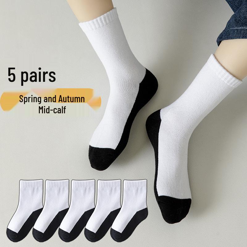 Детские хлопковые носки: Белые и черные, до середины икры, дезодорирующие, грязеотталкивающие, подходят для весны, осени и зимы