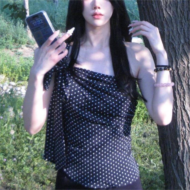 Летний шифоновый топ-камезоль с открытыми плечами в горошек 2024 - Приталенный сексуальный стиль женский топ