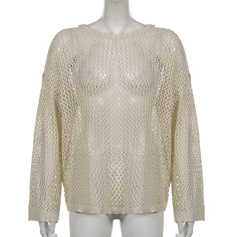 Уличная одежда, пуловер, женский винтажный повседневный вязаный свитер, футболка с длинным рукавом Y2K, ажурный халат, топы, свободные пуловеры, модная футболка