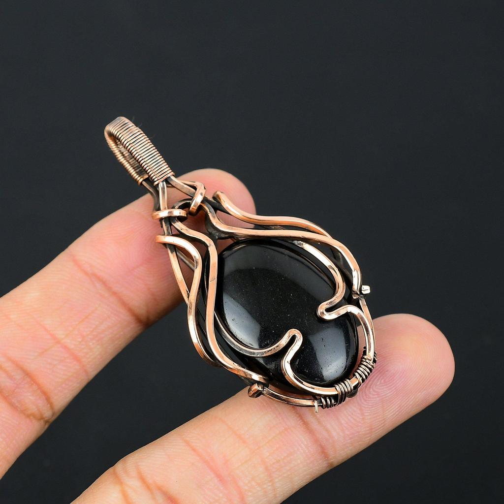 Amazing Black Onyx Gemstone Handmade Pure Copper Wire Wrapped Jewelry Pendant