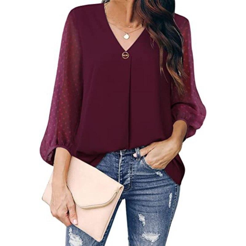 2023 Womens Clothing Spring Autumn Fashion Dot Puff Sleeve Women Tops V-neck Loose Long Sleeve Shirt Blouse Blusas 25792