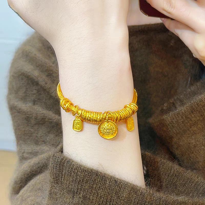 Желтый Браслет Бога Богатства: Женский китайский стиль с гравировкой для мира и счастья