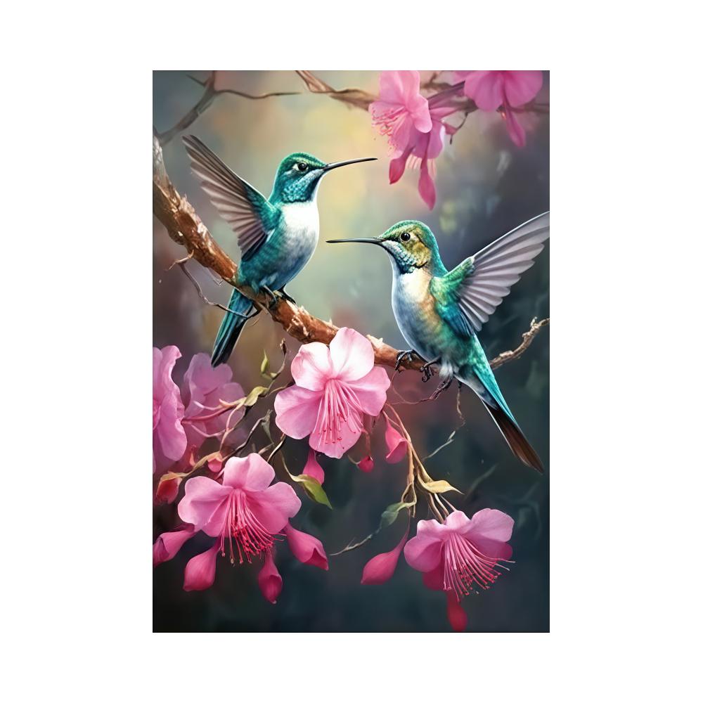 Modern Glam Frameless Hummingbird Bird Animal Print Wall Hanging Decor Pink Flowers for Living Room, Wall Decor, No Frame