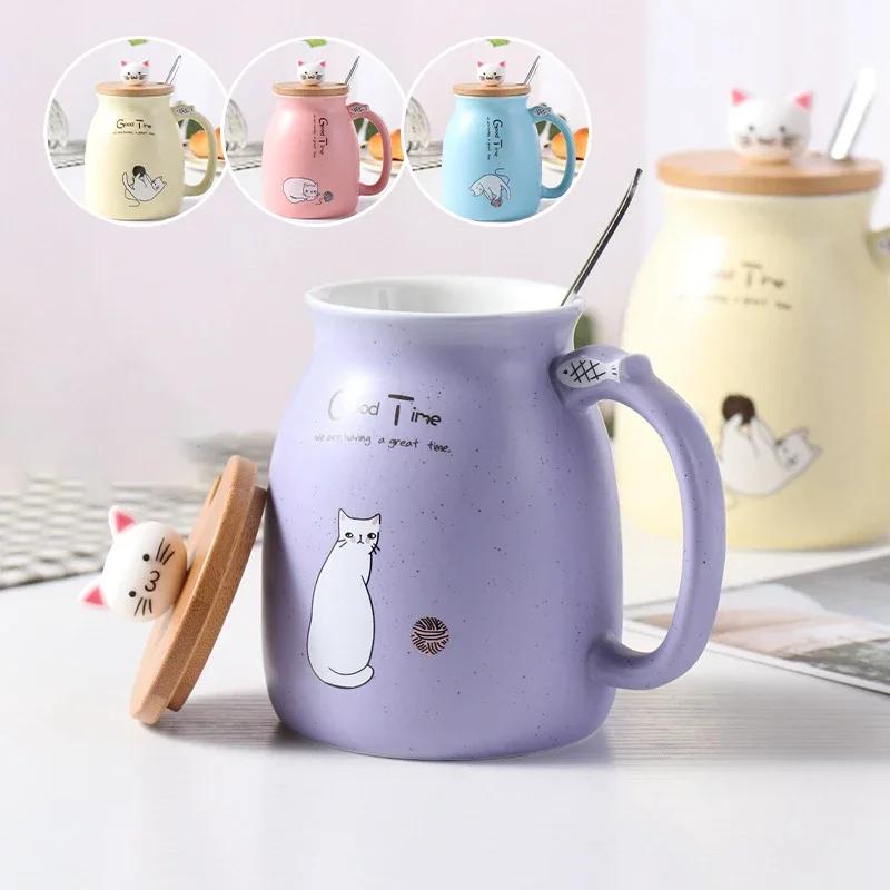 Coffee Mug With Lid Cat Style Ceramic Coffee Cup with Spoon Cute Kawaii Large Capacity Milk Tea Mug with Handle Birthday Gift