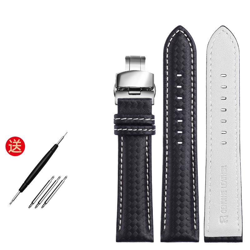 Genuine Leather Bracelet Carbon Fiber Grain Watchband Red Stitching 18mm 20mm 22mm Watch Band Strap Accessories Butterfly Buckle
