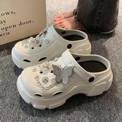 Женские сандалии на платформе EVA: Летняя пляжная обувь для отдыха на открытом воздухе с толстой, увеличивающей рост подошвой, жемчужными стразами и нескользящей конструкцией.