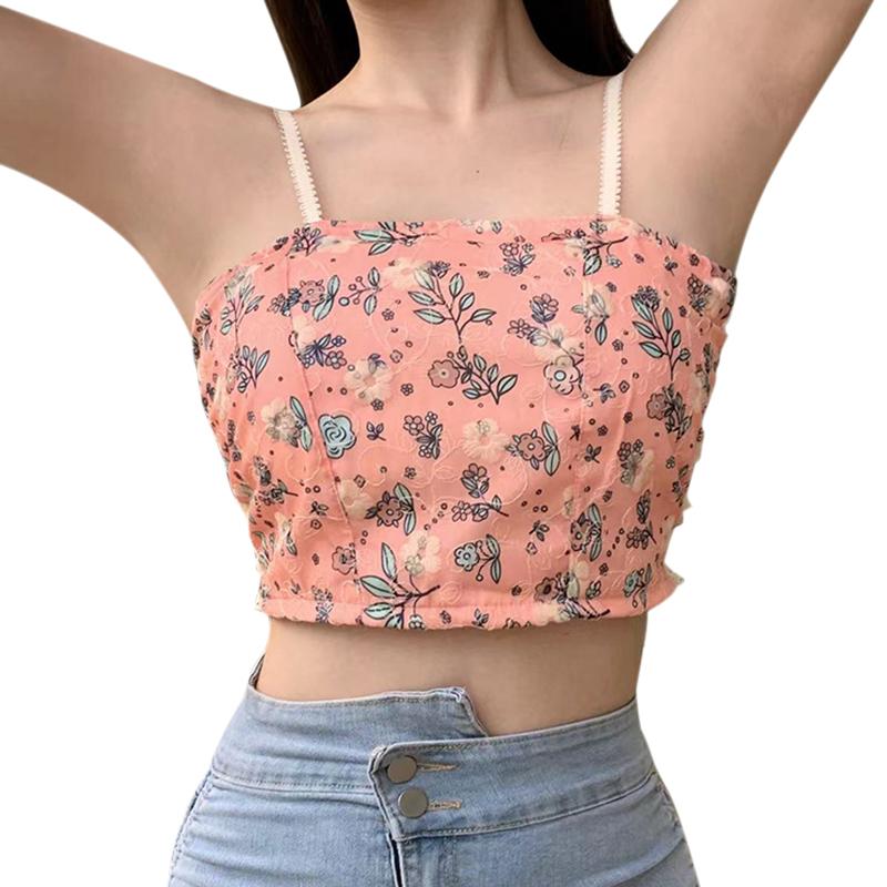 Милый женский укороченный топ на бретельках корейской версии с подкладкой и цветочным принтом