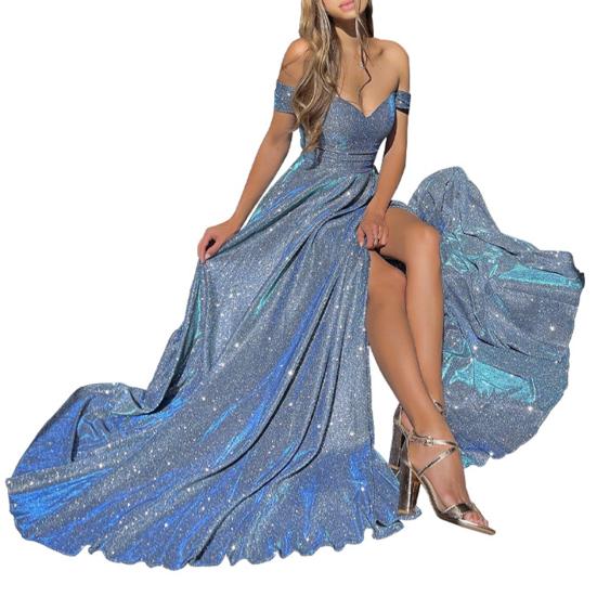 Женское платье с открытыми плечами, блестящие пайетки, обтягивающее, большие размеры, высокая талия, разделенный подол, сексуальное трапециевидное платье, большие качели, длина до пола