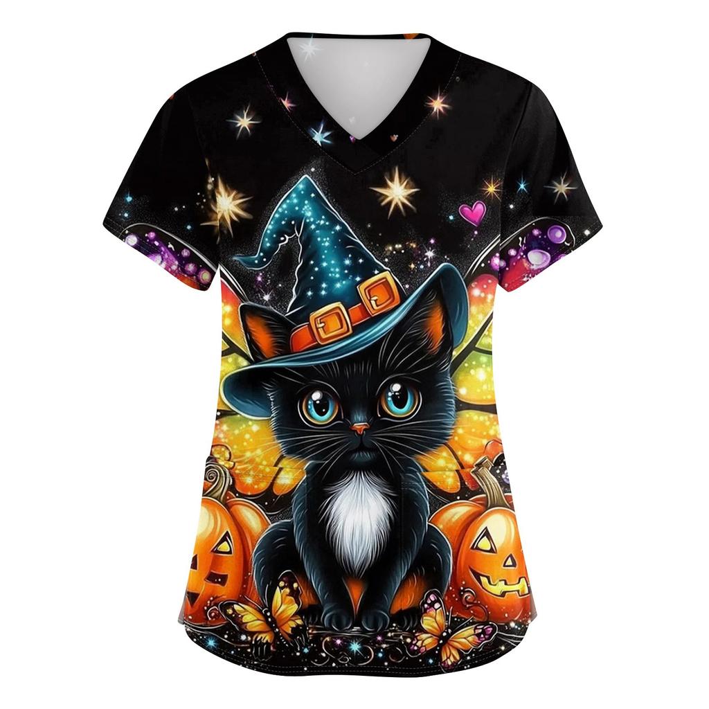 Женский топ защитного костюма с V-образным вырезом, с короткими рукавами, с принтом на Хэллоуин, с карманом и боковыми разрезами